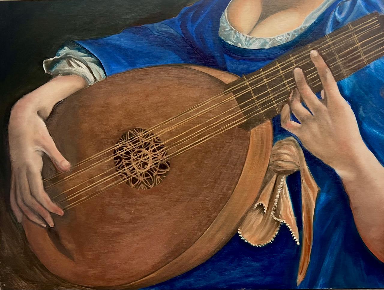 Details of a Self-Portrait as a Lute Player, after Artemisia Gentileschi, oil on wood panel