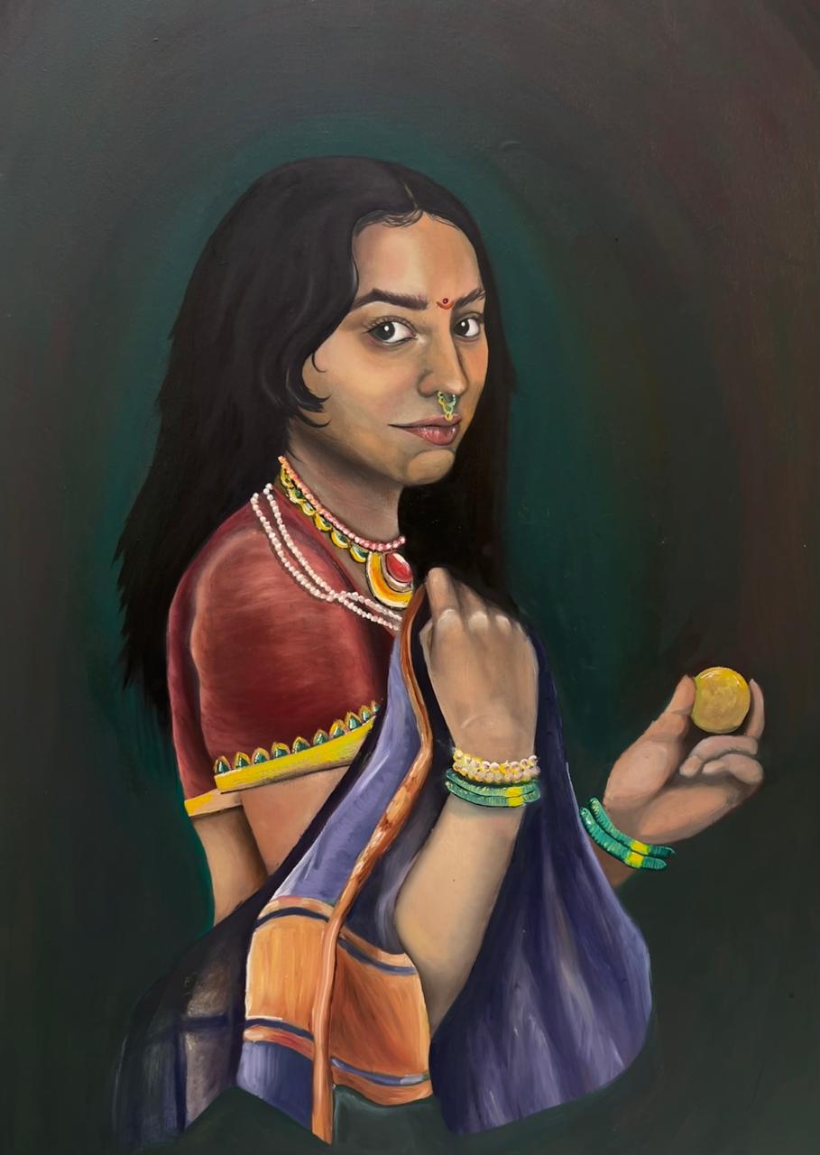 Self-Portrait as Raja Ravi Verma's Muse, oil on wood panel, 2024
